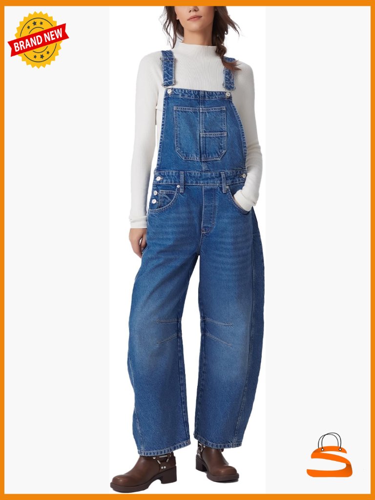 Women's Denim Overalls Casual Wide Leg Bib Jeans Adjustable Strap Romper